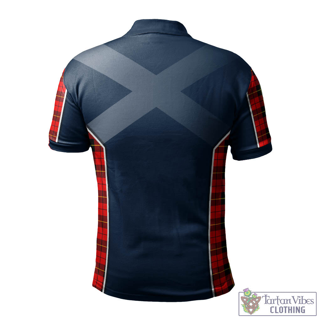 Tartan Vibes Clothing Wallace Hunting Red Tartan Men's Polo Shirt with Family Crest and Scottish Thistle Vibes Sport Style