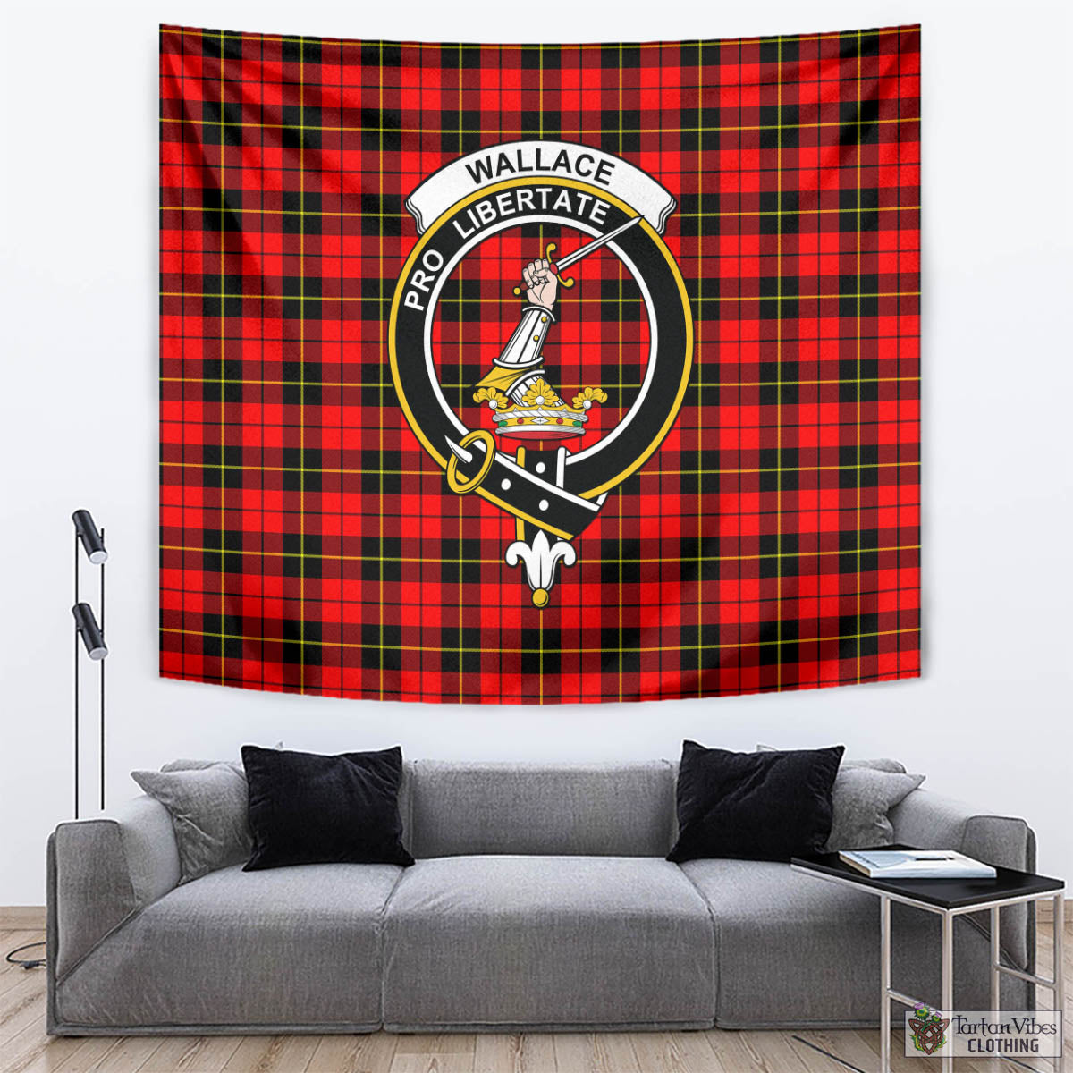 Tartan Vibes Clothing Wallace Hunting Red Tartan Tapestry Wall Hanging and Home Decor for Room with Family Crest