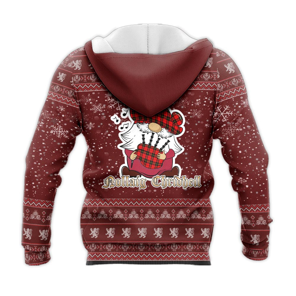 Wallace Hunting Red Clan Christmas Knitted Hoodie with Funny Gnome Playing Bagpipes - Tartanvibesclothing