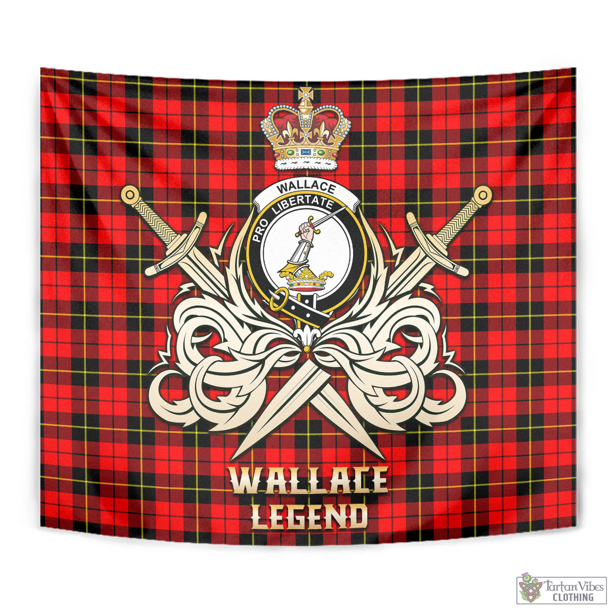 Tartan Vibes Clothing Wallace Hunting Red Tartan Tapestry with Clan Crest and the Golden Sword of Courageous Legacy