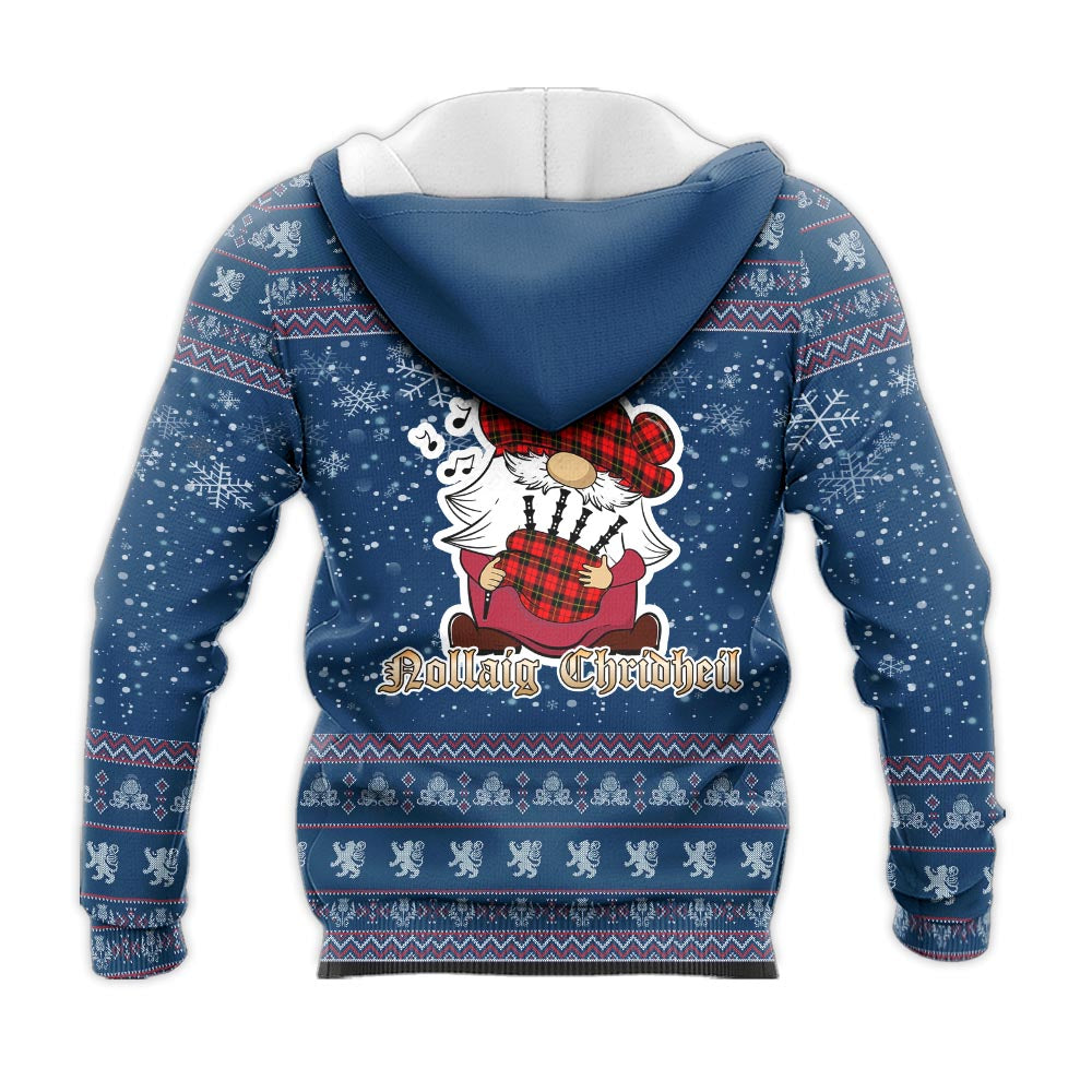 Wallace Hunting Red Clan Christmas Knitted Hoodie with Funny Gnome Playing Bagpipes - Tartanvibesclothing