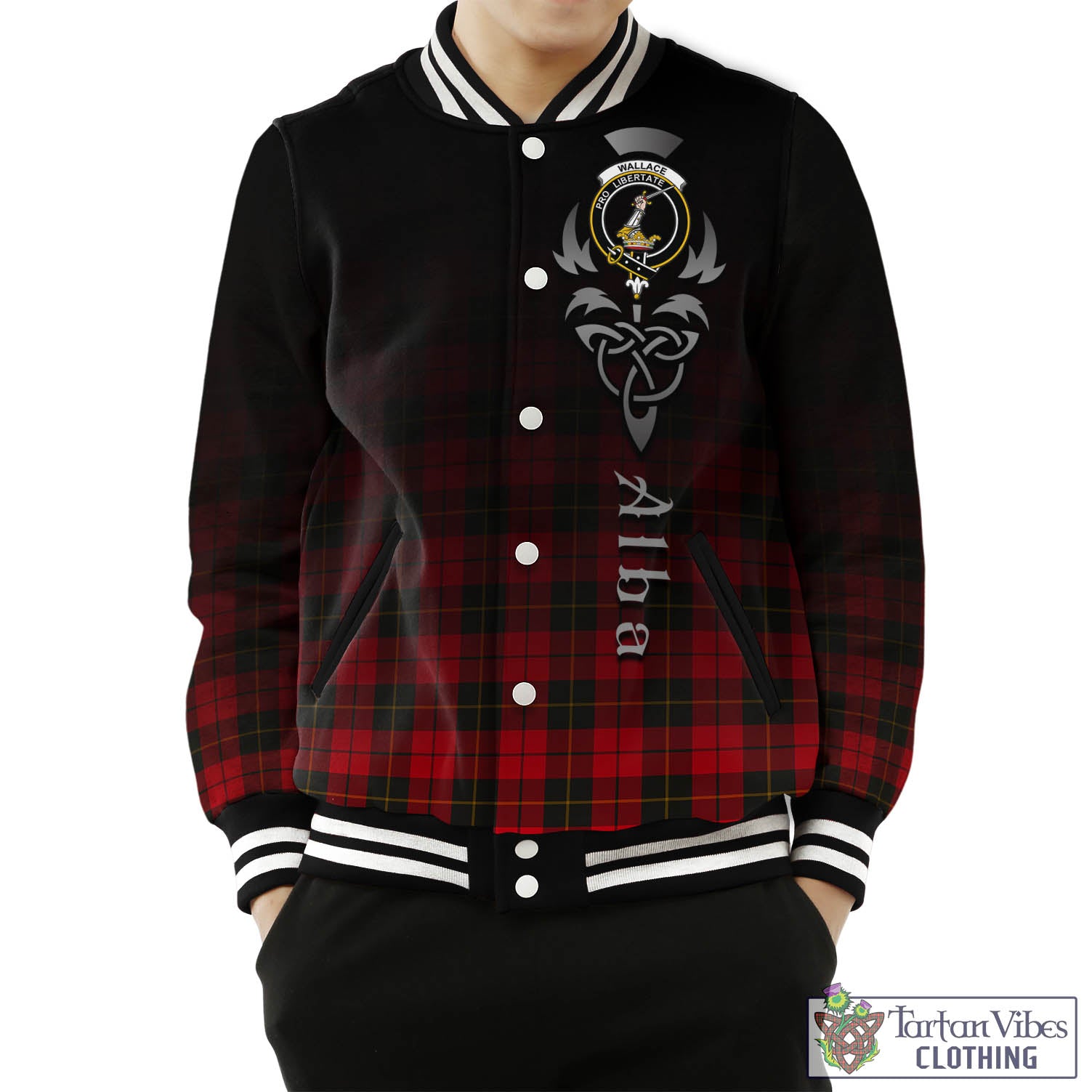 Tartan Vibes Clothing Wallace Weathered Tartan Baseball Jacket Featuring Alba Gu Brath Family Crest Celtic Inspired