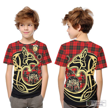Wallace Weathered Tartan Kid T-Shirt with Family Crest Celtic Wolf Style
