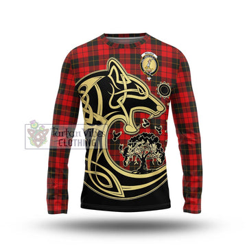 Wallace Weathered Tartan Long Sleeve T-Shirt with Family Crest Celtic Wolf Style