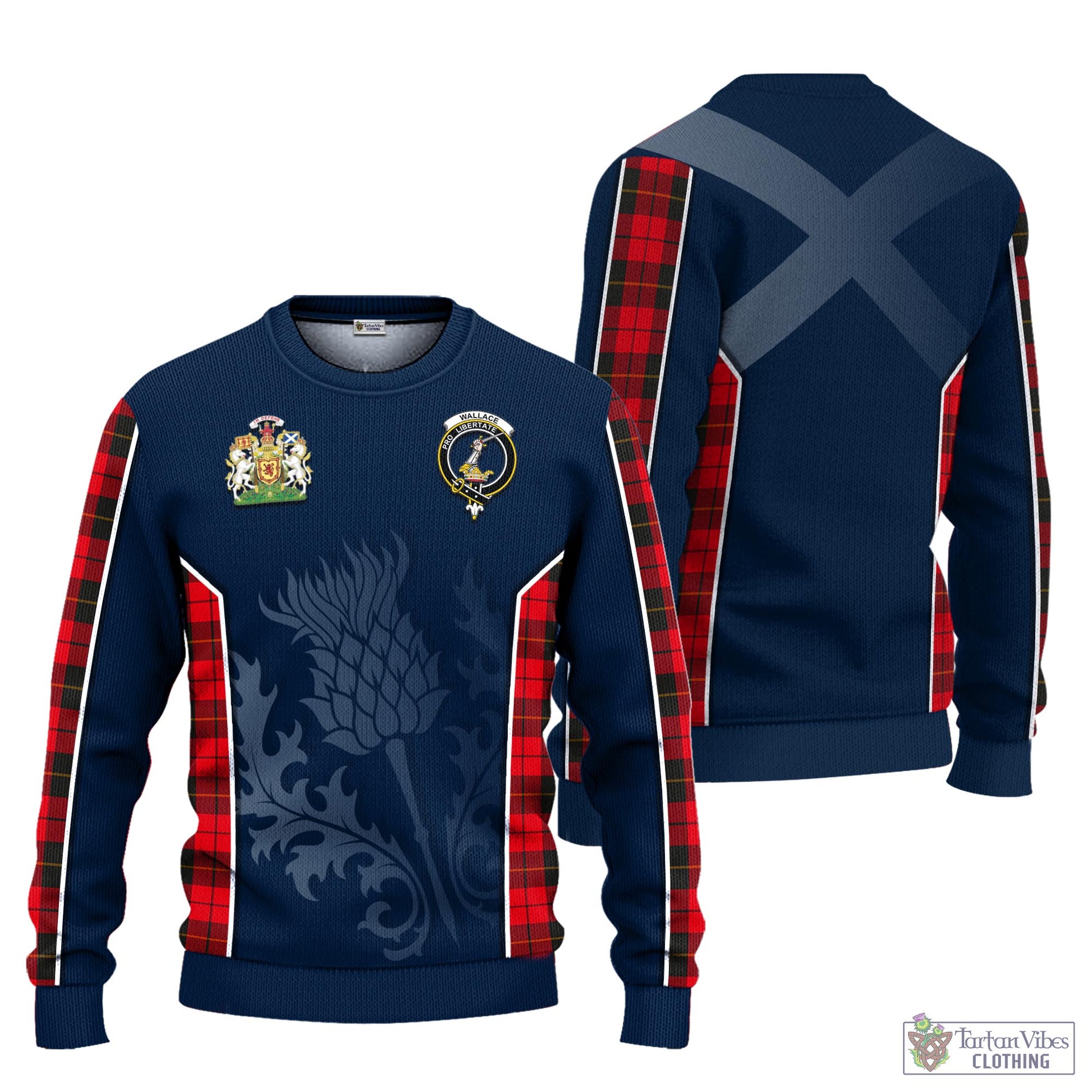 Tartan Vibes Clothing Wallace Weathered Tartan Knitted Sweatshirt with Family Crest and Scottish Thistle Vibes Sport Style