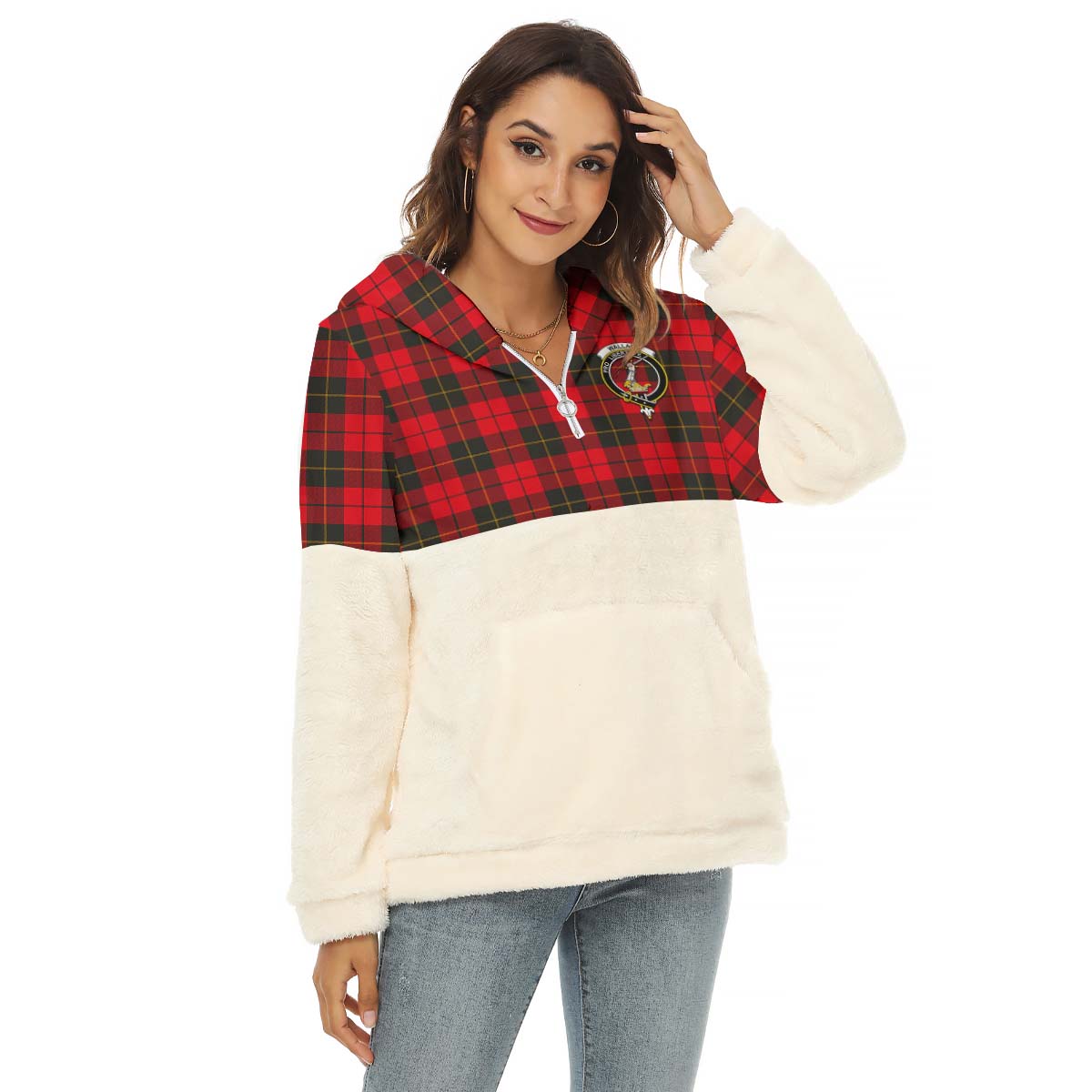 wallace-weathered-tartan-womens-borg-fleece-hoodie-with-half-zip-with-family-crest