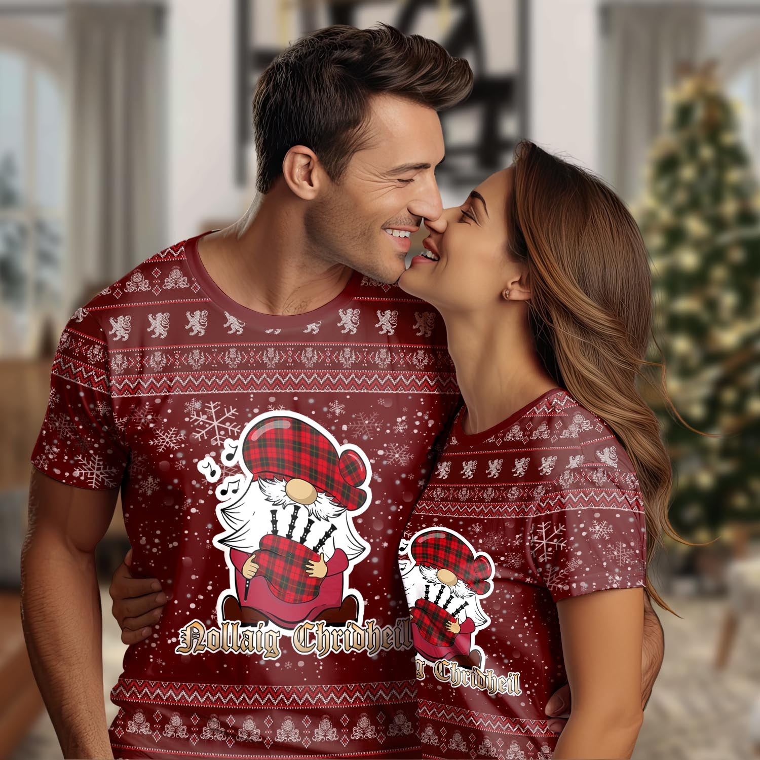 Wallace Weathered Clan Christmas Family T-Shirt with Funny Gnome Playing Bagpipes Women's Shirt Red - Tartanvibesclothing