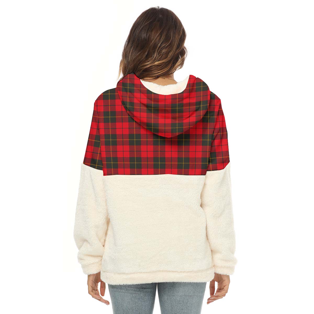 wallace-weathered-tartan-womens-borg-fleece-hoodie-with-half-zip-with-family-crest