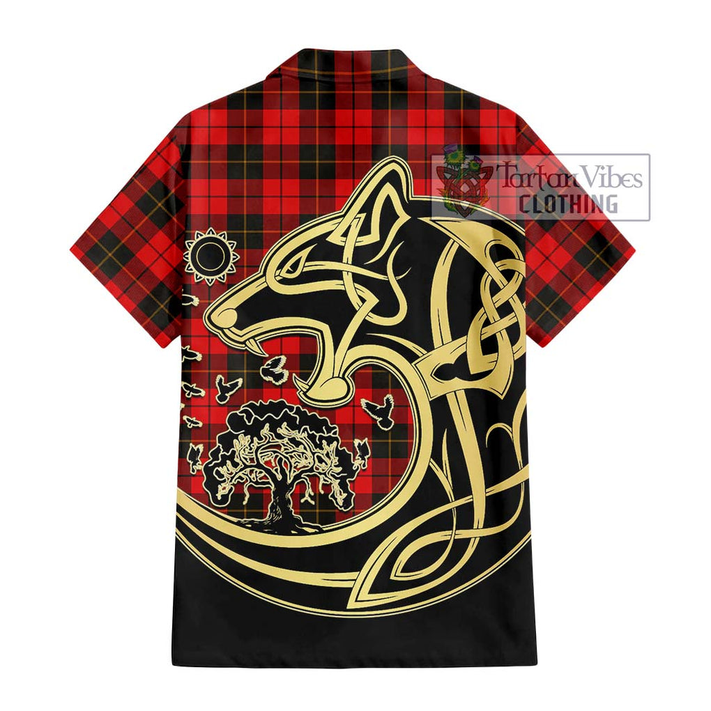 Wallace Weathered Tartan Short Sleeve Button Shirt with Family Crest Celtic Wolf Style - Tartan Vibes Clothing