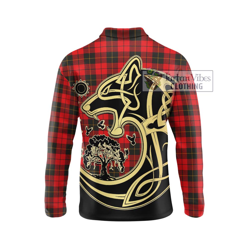 Tartan Vibes Clothing Wallace Weathered Tartan Long Sleeve Polo Shirt with Family Crest Celtic Wolf Style