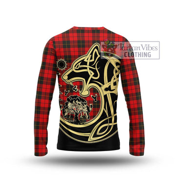 Wallace Weathered Tartan Long Sleeve T-Shirt with Family Crest Celtic Wolf Style