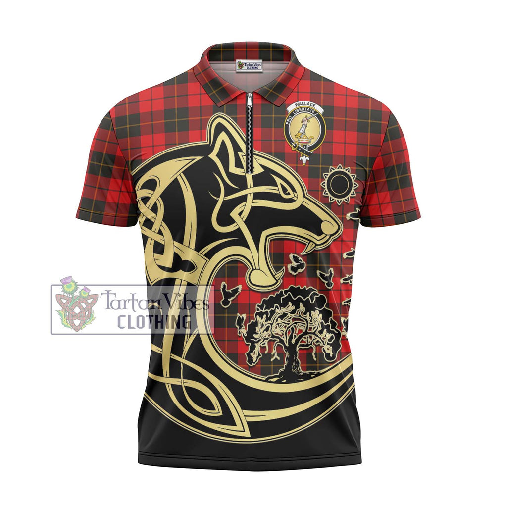 Wallace Weathered Tartan Zipper Polo Shirt with Family Crest Celtic Wolf Style - Tartanvibesclothing Shop