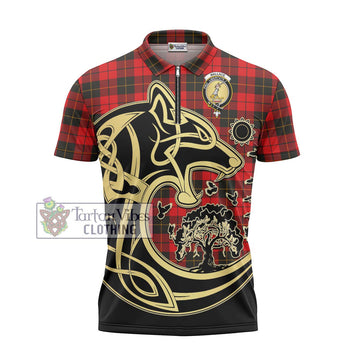 Wallace Weathered Tartan Zipper Polo Shirt with Family Crest Celtic Wolf Style