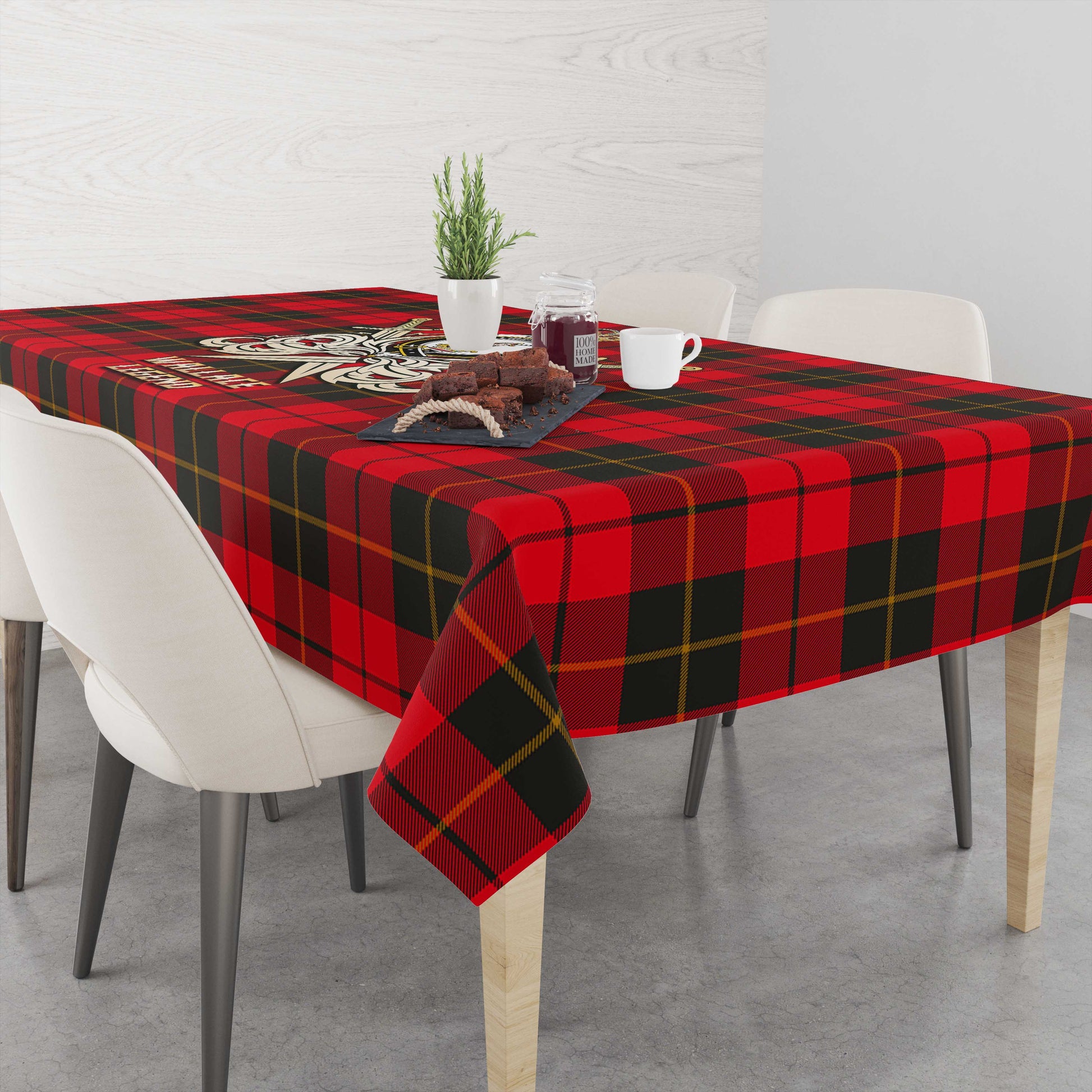 Tartan Vibes Clothing Wallace Weathered Tartan Tablecloth with Clan Crest and the Golden Sword of Courageous Legacy