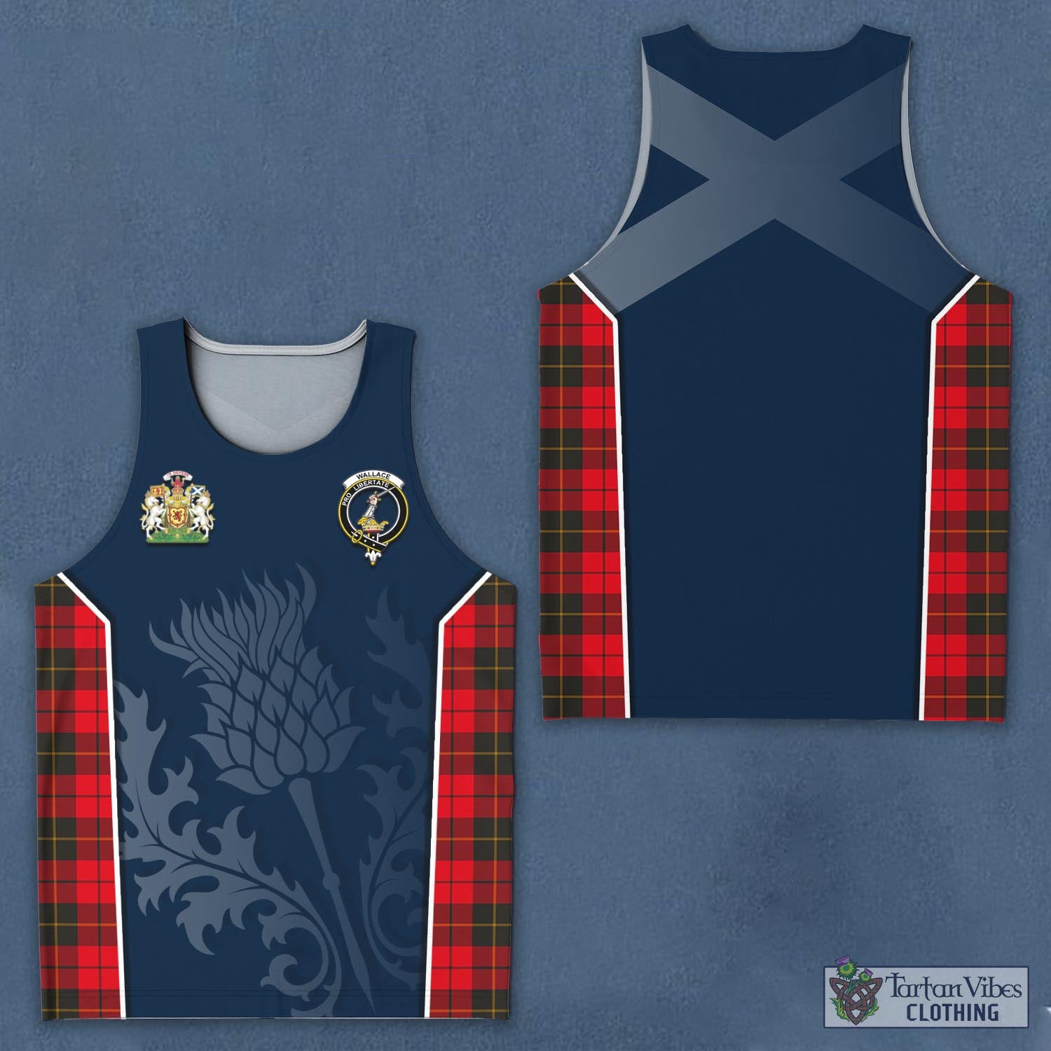 Tartan Vibes Clothing Wallace Weathered Tartan Men's Tanks Top with Family Crest and Scottish Thistle Vibes Sport Style