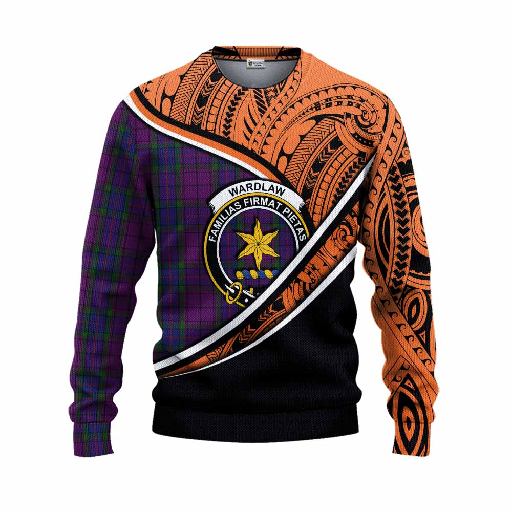 Tartan Vibes Clothing Wardlaw Crest Tartan Knitted Sweater with Maori Tattoo Style - Orange Version