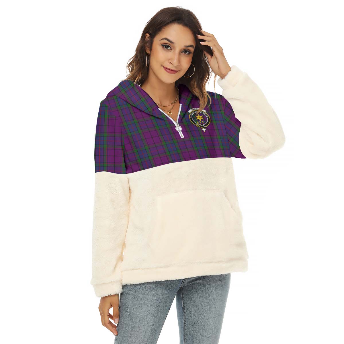 Wardlaw Tartan Women's Borg Fleece Hoodie With Half Zip with Family Crest Female - Tartan Vibes Clothing