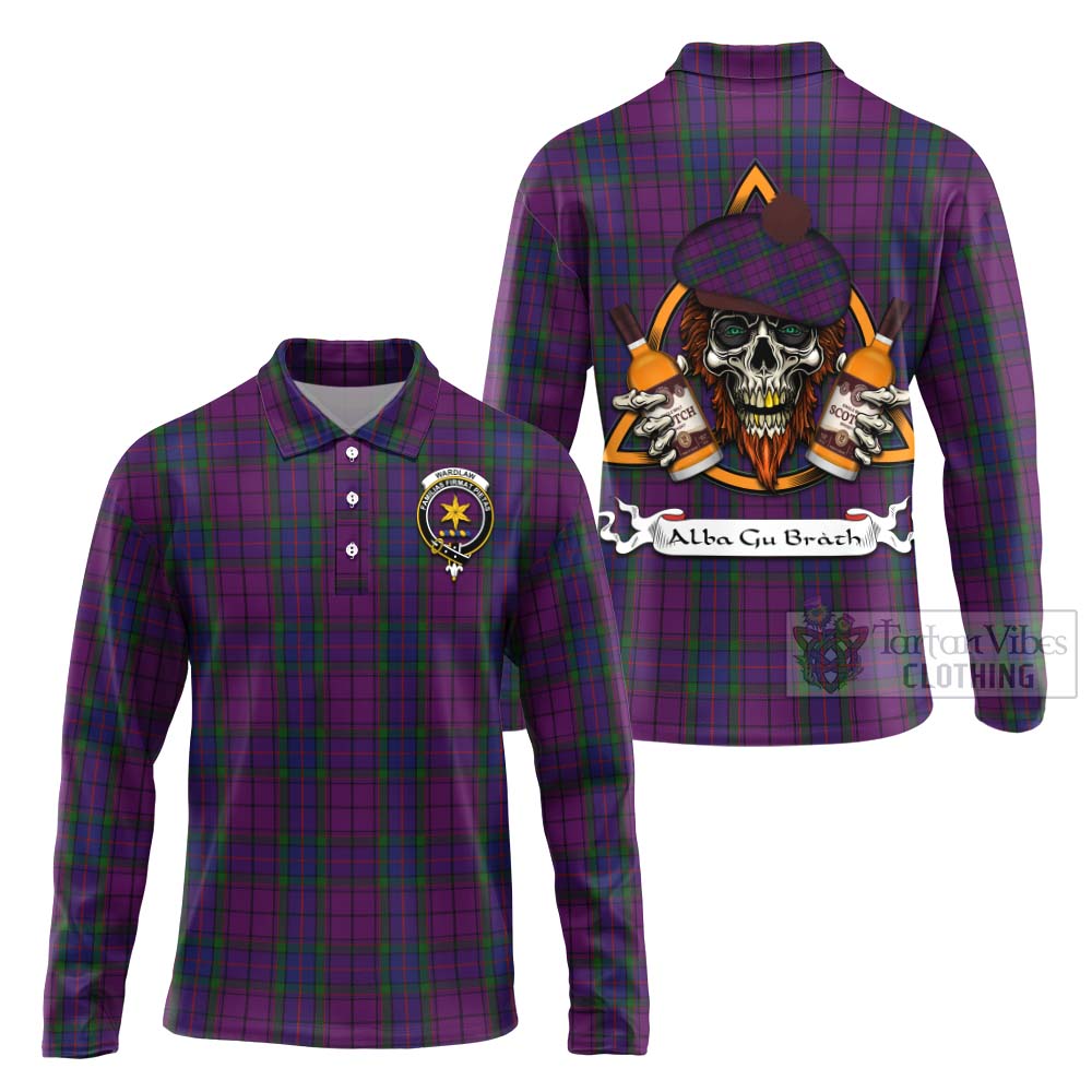 Tartan Vibes Clothing Wardlaw Tartan Long Sleeve Polo Shirt with Family Crest and Bearded Skull Holding Bottles of Whiskey