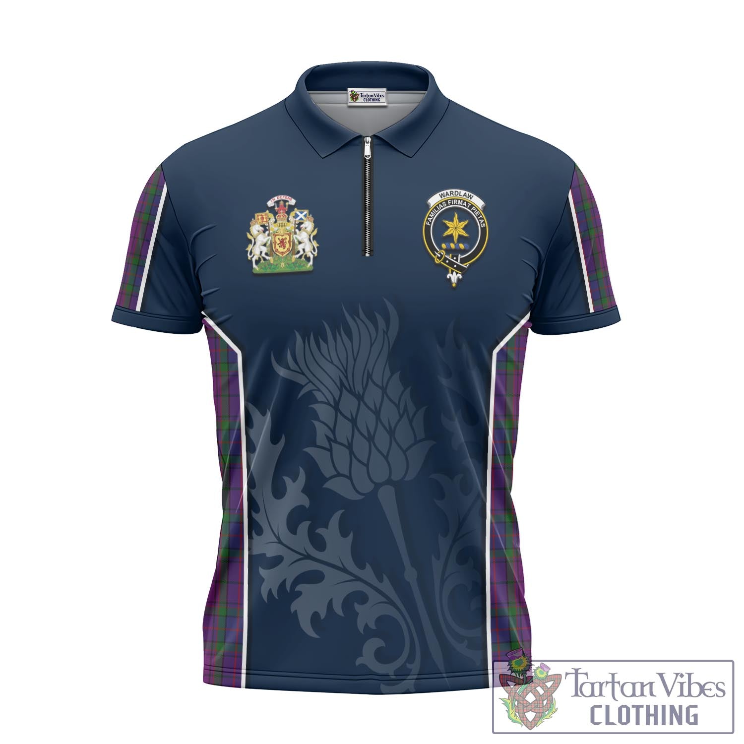 Tartan Vibes Clothing Wardlaw Tartan Zipper Polo Shirt with Family Crest and Scottish Thistle Vibes Sport Style