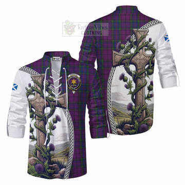 Wardlaw Tartan Ghillie Kilt Shirt with Family Crest and St. Andrew's Cross Accented by Thistle Vines