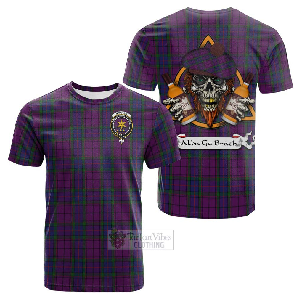 Tartan Vibes Clothing Wardlaw Tartan Cotton T-shirt with Family Crest and Bearded Skull Holding Bottles of Whiskey