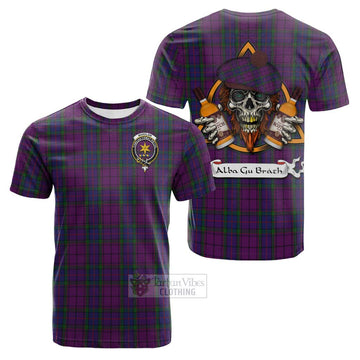 Wardlaw Tartan Cotton T-shirt with Family Crest and Bearded Skull Holding Bottles of Whiskey