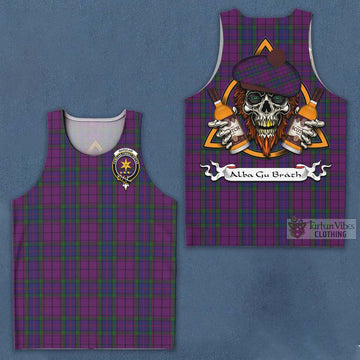 Wardlaw Tartan Men's Tank Top with Family Crest and Bearded Skull Holding Bottles of Whiskey