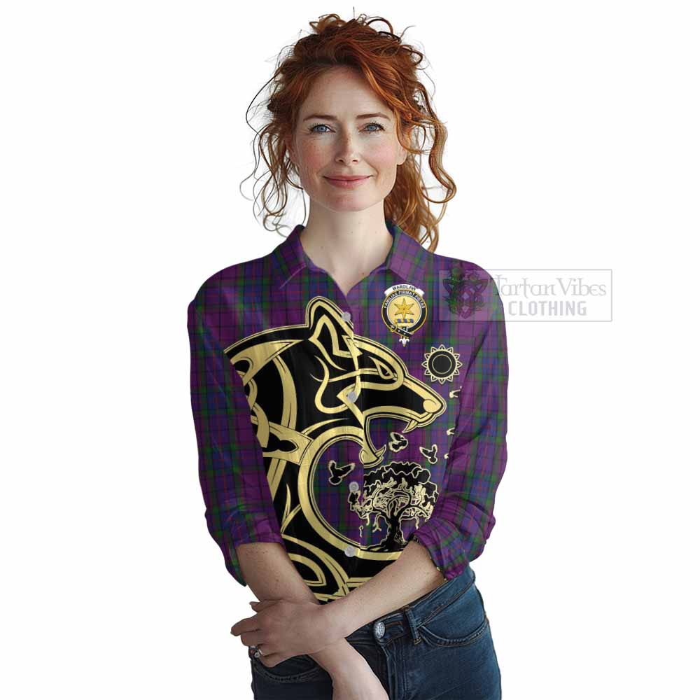 Tartan Vibes Clothing Wardlaw Tartan Women's Casual Shirt with Family Crest Celtic Wolf Style