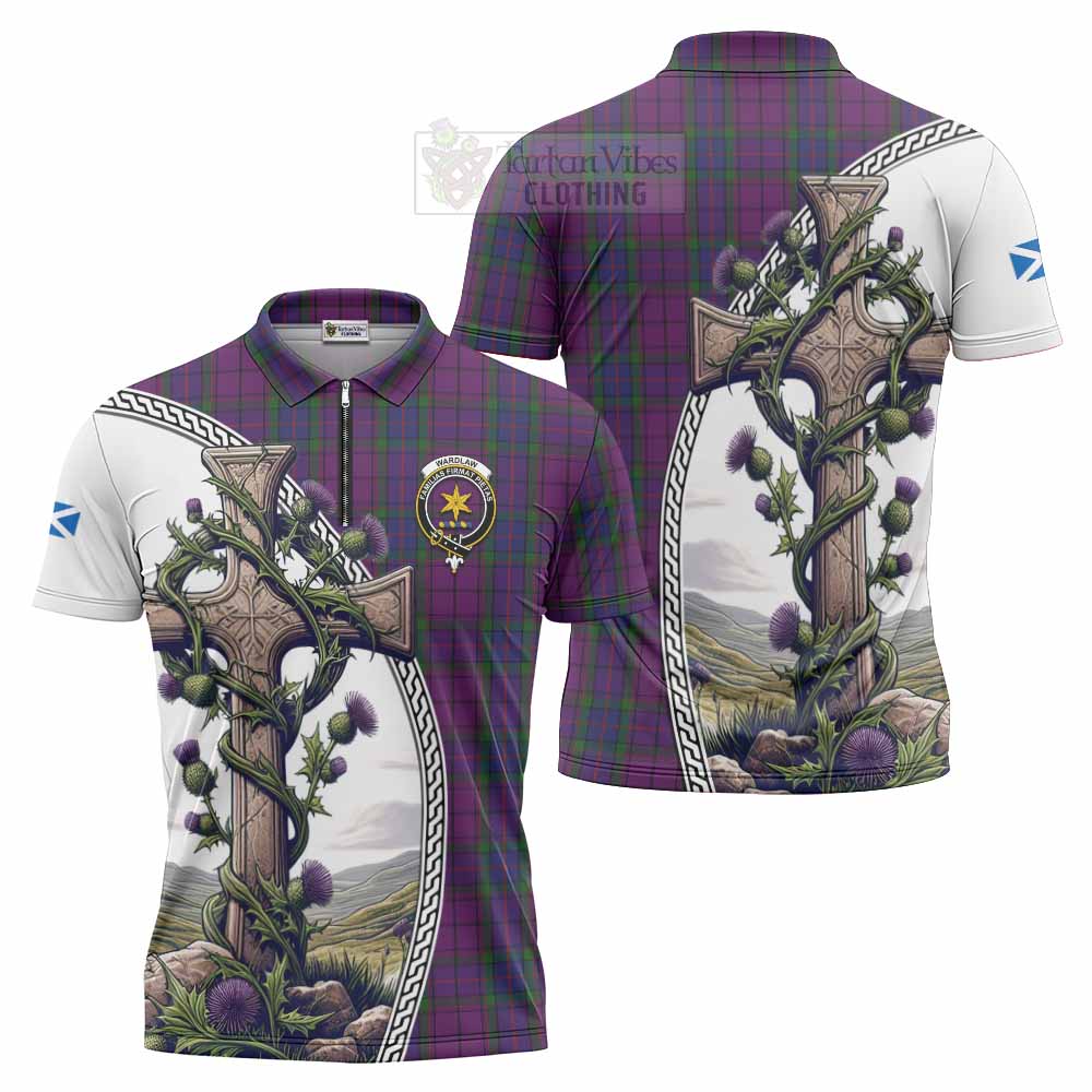 Tartan Vibes Clothing Wardlaw Tartan Zipper Polo Shirt with Family Crest and St. Andrew's Cross Accented by Thistle Vines