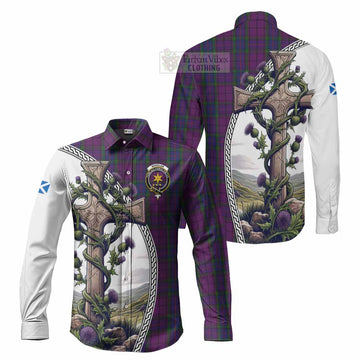 Wardlaw Tartan Long Sleeve Button Shirt with Family Crest and St. Andrew's Cross Accented by Thistle Vines