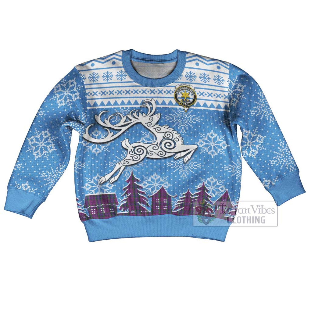 Tartan Vibes Clothing Wardlaw Clan Christmas Kid Ugly Sweater with Tartan and Celtic Raindeer Style