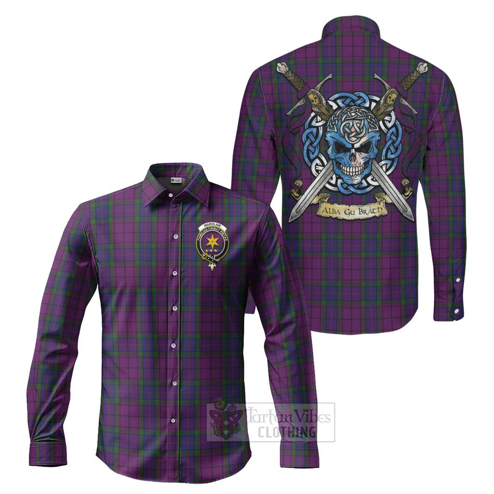 Tartan Vibes Clothing Wardlaw Tartan Long Sleeve Button Shirt with Family Crest Celtic Skull Style