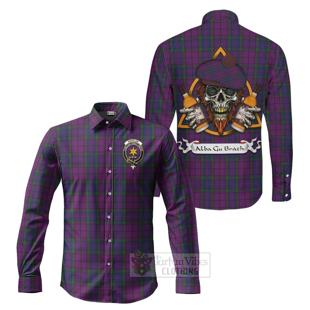 Tartan Vibes Clothing Wardlaw Tartan Long Sleeve Button Shirt with Family Crest and Bearded Skull Holding Bottles of Whiskey