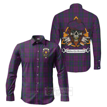 Wardlaw Tartan Long Sleeve Button Shirt with Family Crest and Bearded Skull Holding Bottles of Whiskey