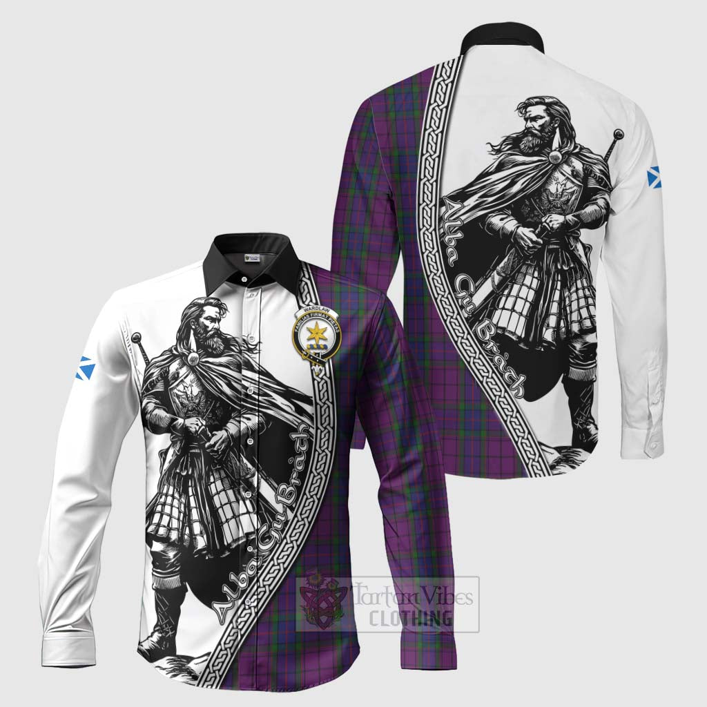 Tartan Vibes Clothing Wardlaw Tartan Clan Crest Long Sleeve Button Shirt with Highlander Warrior Celtic Style