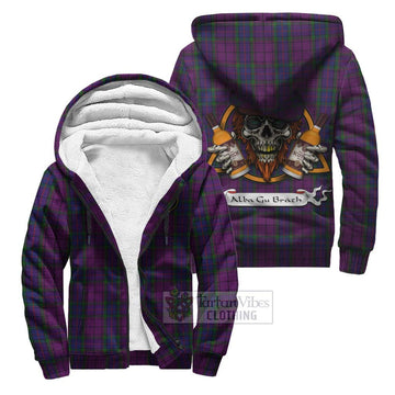 Wardlaw Tartan Sherpa Hoodie with Family Crest and Bearded Skull Holding Bottles of Whiskey