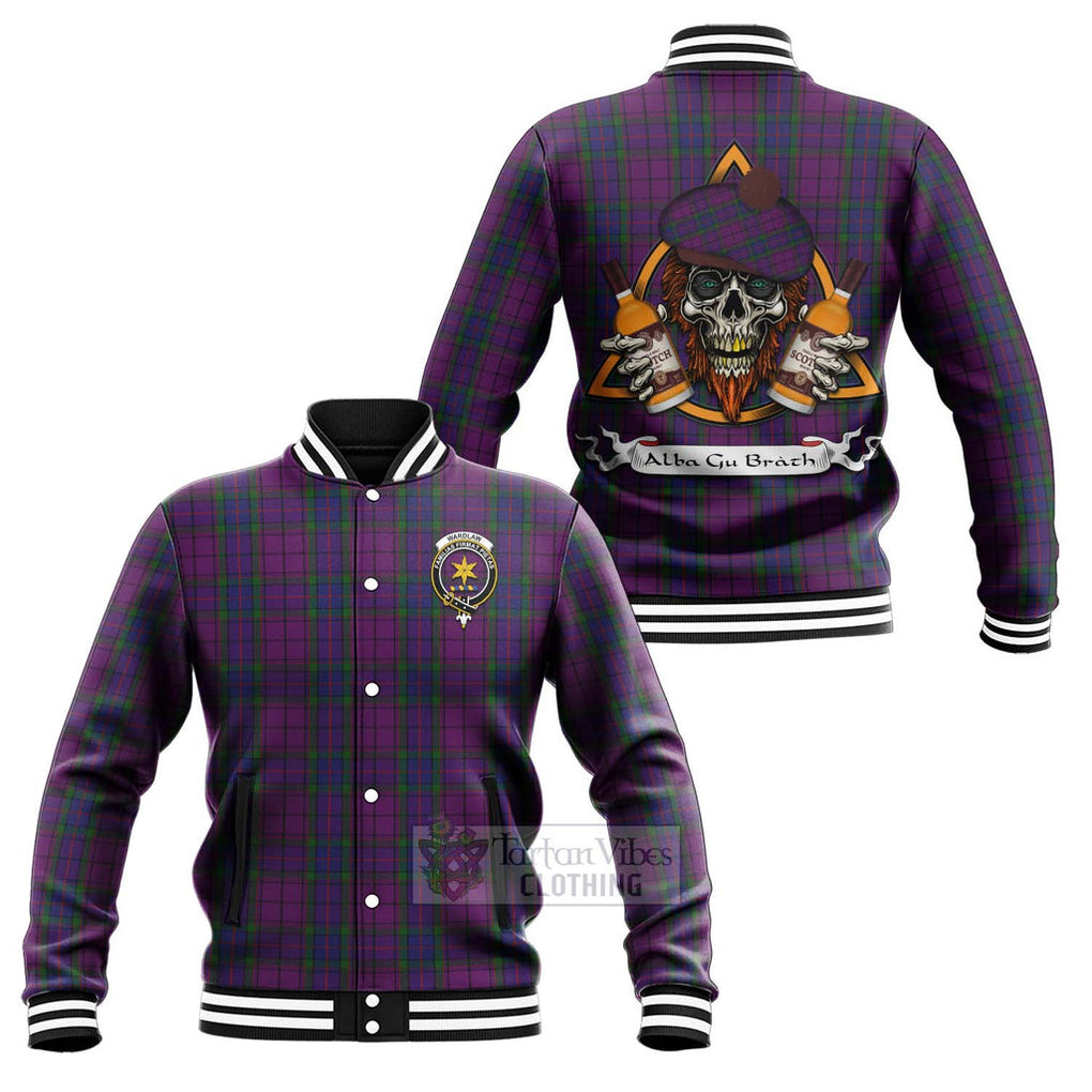 Tartan Vibes Clothing Wardlaw Tartan Baseball Jacket with Family Crest and Bearded Skull Holding Bottles of Whiskey