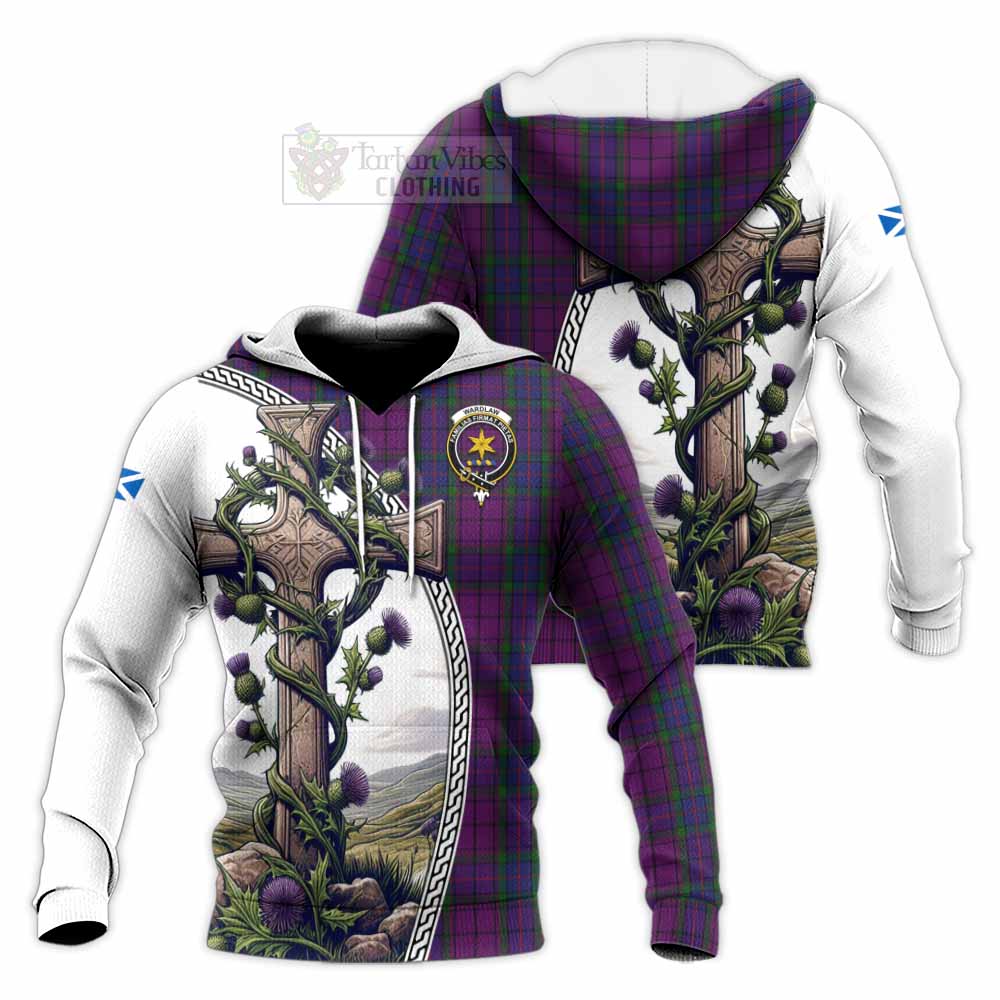 Tartan Vibes Clothing Wardlaw Tartan Knitted Hoodie with Family Crest and St. Andrew's Cross Accented by Thistle Vines