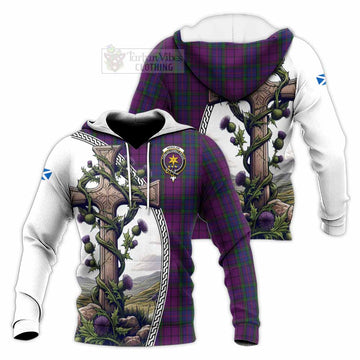 Wardlaw Tartan Knitted Hoodie with Family Crest and St. Andrew's Cross Accented by Thistle Vines