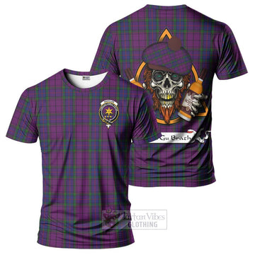 Wardlaw Tartan T-Shirt with Family Crest and Bearded Skull Holding Bottles of Whiskey