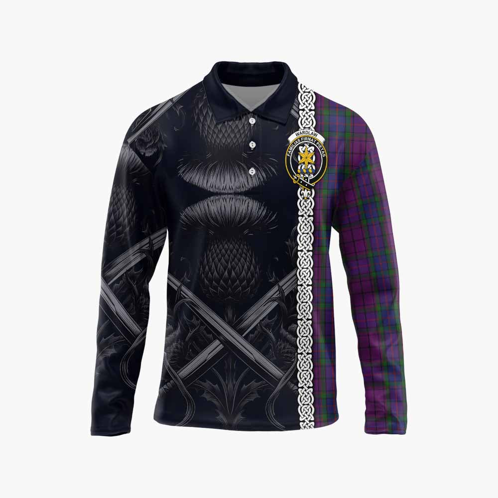 Tartan Vibes Clothing Wardlaw Tartan Long Sleeve Polo Shirt with Family Crest Cross Sword Thistle Celtic Vibes