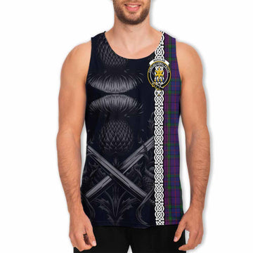 Wardlaw Tartan Men's Tank Top with Family Crest Cross Sword Thistle Celtic Vibes