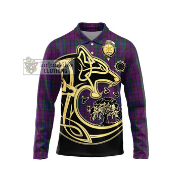 Wardlaw Tartan Long Sleeve Polo Shirt with Family Crest Celtic Wolf Style