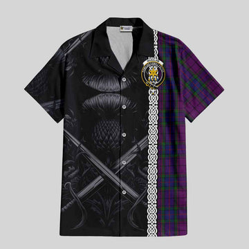 Wardlaw Tartan Short Sleeve Button Shirt with Family Crest Cross Sword Thistle Celtic Vibes