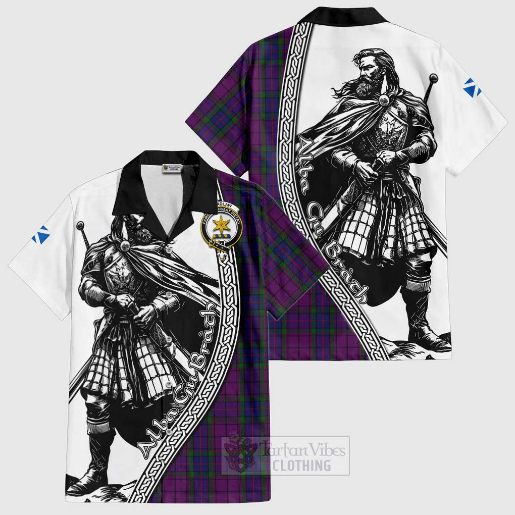 Tartan Vibes Clothing Wardlaw Tartan Clan Crest Short Sleeve Button Shirt with Highlander Warrior Celtic Style