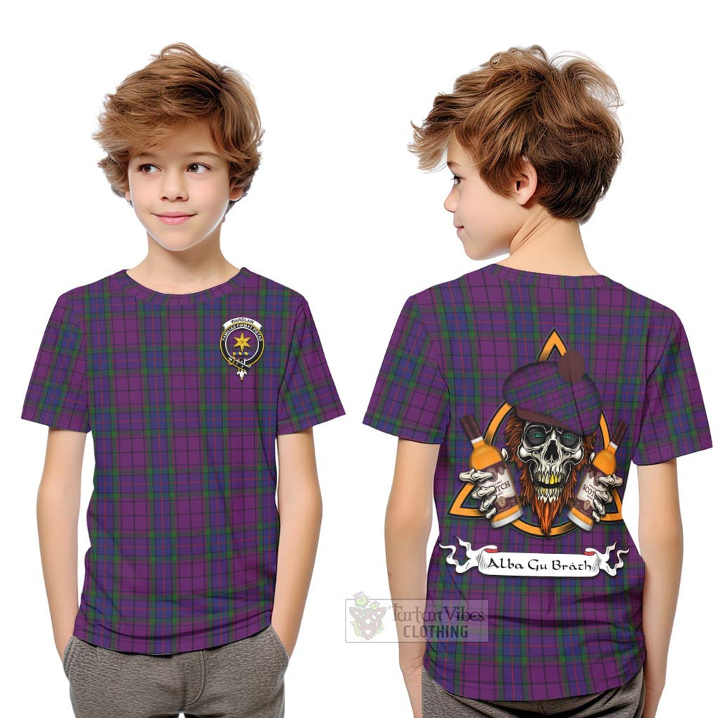 Tartan Vibes Clothing Wardlaw Tartan Kid T-Shirt with Family Crest and Bearded Skull Holding Bottles of Whiskey