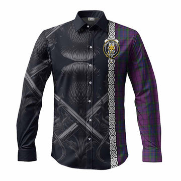 Wardlaw Tartan Long Sleeve Button Shirt with Family Crest Cross Sword Thistle Celtic Vibes