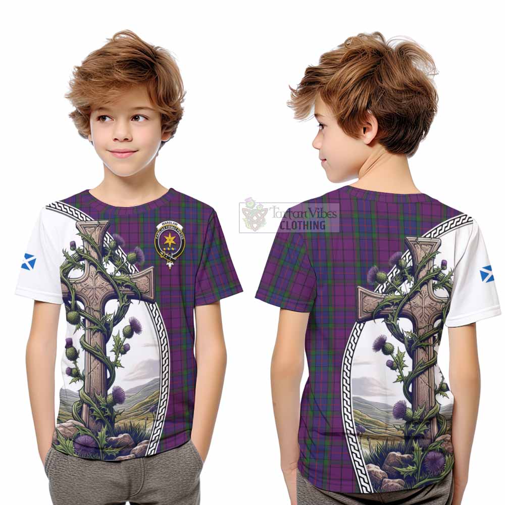 Tartan Vibes Clothing Wardlaw Tartan Kid T-Shirt with Family Crest and St. Andrew's Cross Accented by Thistle Vines