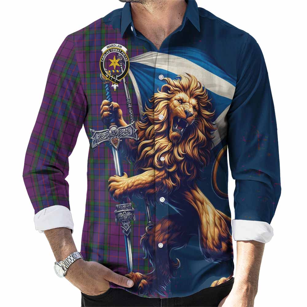 Tartan Vibes Clothing Wardlaw Tartan Family Crest Long Sleeve Button Shirt with Scottish Majestic Lion