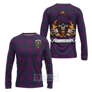 Wardlaw Tartan Long Sleeve T-Shirt with Family Crest and Bearded Skull Holding Bottles of Whiskey